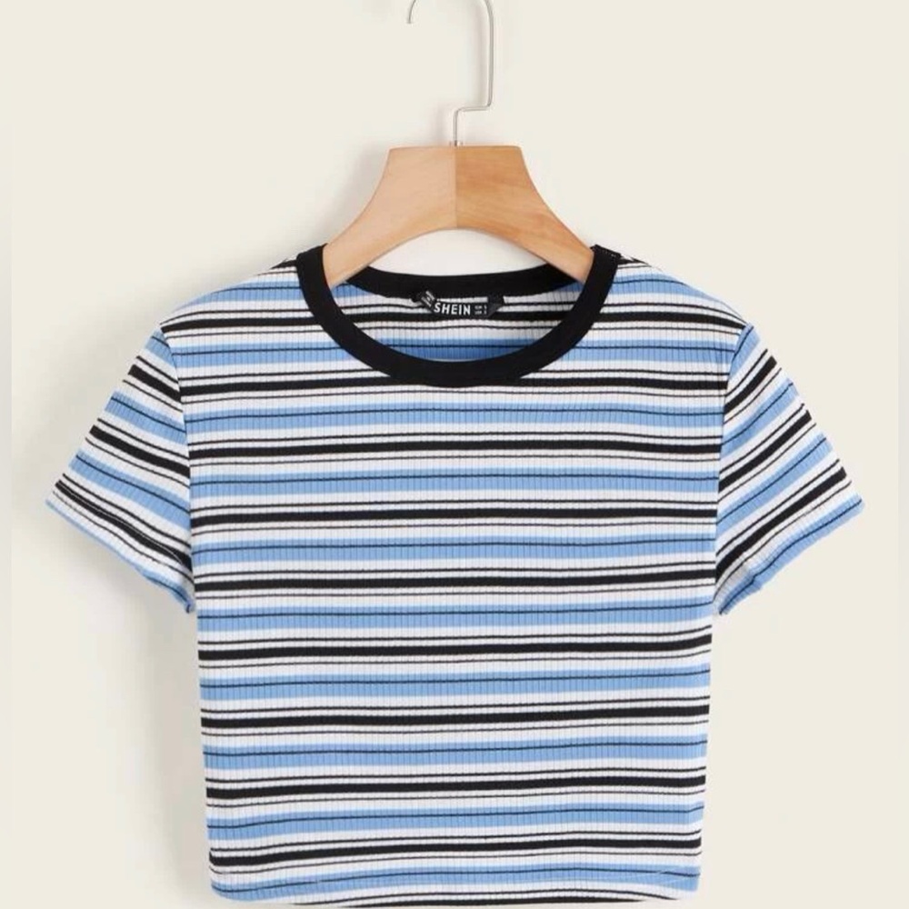 Shein Qutie Contrast Neck Striped Rib-knit Crop Tee